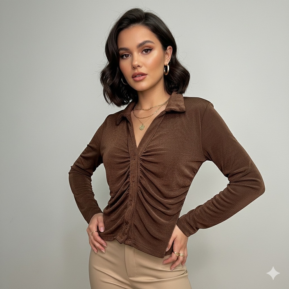 JUST POLLY NWT Chocolate Brown Ruched Front Long Sleeve Top Size L‎